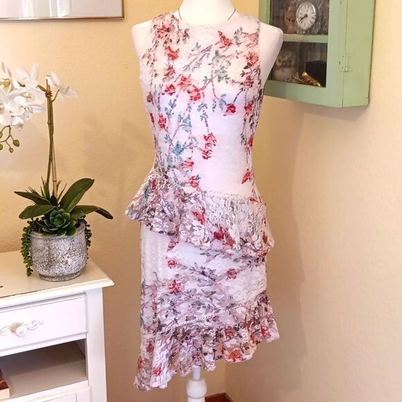 Bebe Lace Dress with Blue and Deep Pink Accents. Asymmeyric. Asian Inspired.Lace - Picture 1 of 11